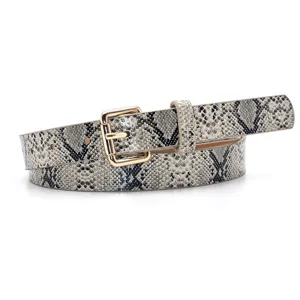 Detailed shot of a stylish women's thin snakeskin belt with gold square buckle accessory.