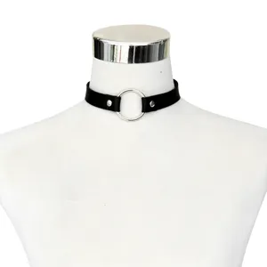 Black leather O-ring choker necklace punk style gothic collar metal rivet jewelry accessory