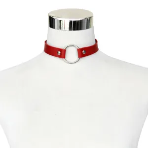Leather ring choker necklace detail view, punk style red PU leather collar with metal O-ring for women.