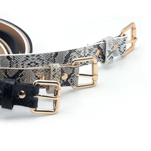 Women thin waist belt set PU leather snake print gold square buckle dress jeans accessory