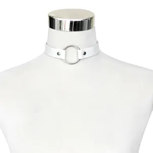 Detail shot of a white punk leather choker necklace featuring a central metal ring clasp.