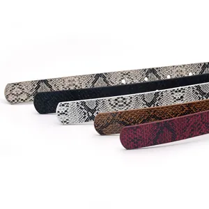 Women's thin fashion belt with snake pattern and solid black design, ideal for dresses and jeans.