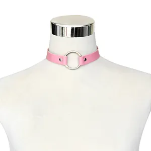 Pink leather O-ring choker necklace detail, Harajuku punk style neck collar for women.