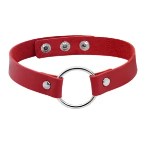 Red leather choker necklace detail featuring a center metal O-ring and adjustable snap closure.