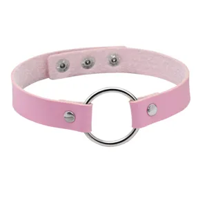 Pink leather O-ring choker necklace, punk style gothic collar for daily wear and party.