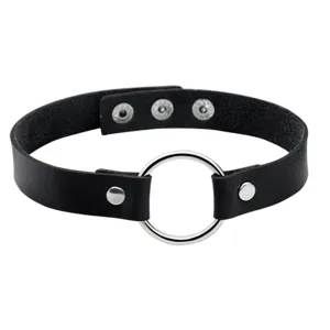 Punk style black leather round ring choker necklace, featuring adjustable metal snap buttons.
