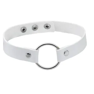 White leather punk choker necklace featuring a central metal O-ring and snap button closure detail.