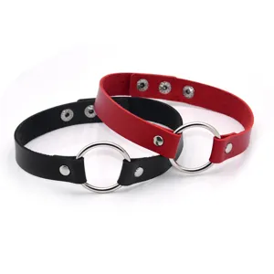 Punk style PU leather choker necklace with metal O-ring and stud snaps for daily wear fashion.