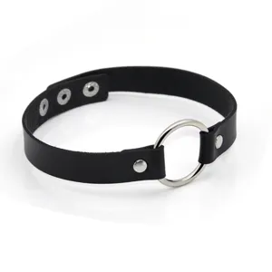 Detail shot of the punk black leather choker necklace featuring a central metal O-ring.