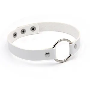 White leather choker necklace with O-ring, Harajuku punk style fashion jewelry accessory.