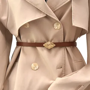 Women's thin leather decorative belt for dress and suit, minimalist retro gold buckle design.