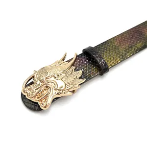 Detailed view of the punk style retro dragon head belt buckle with colorful textured strap.