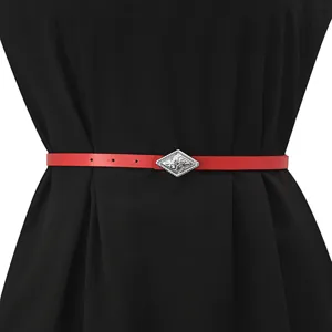 Red leather skinny belt with silver diamond buckle, chic waist accessory for women dresses.