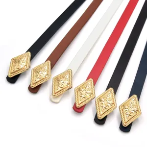 Women thin leather belt with vintage gold ornate buckle fashion dress waist strap accessories
