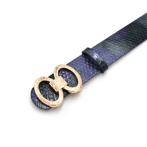 Vue détaillée de la ceinture pour femme en cuir PU avec boucle dorée et motif serpent.
