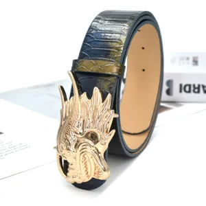 Detailed view of punk retro dragon belt buckle with gradient snakeskin pattern strap.