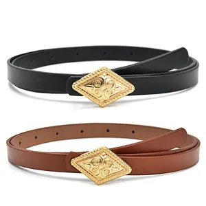 Women's Fashion PU Leather Belt Simple Thin Waistband With Rhombus Metal Buckle For Dress Suit Daily Casual Accessories