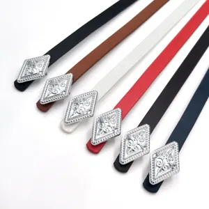 Women thin leather belt set with vintage silver diamond buckle, multi-color fashion accessory.