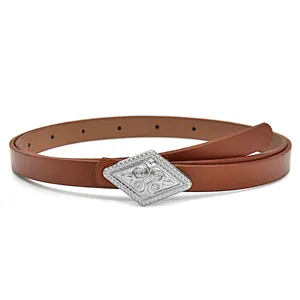Close-up detail of the brown leather belt featuring a silver diamond carved metal buckle.