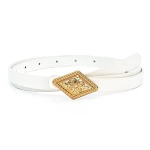 Elegant white thin leather belt featuring a vintage gold diamond buckle for stylish dresses.