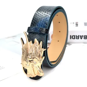 Punk retro dragon buckle belt for men, blue snakeskin pattern leather belt, stylish design.