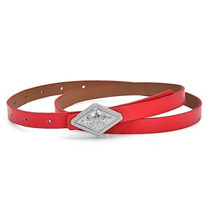 Red thin leather belt for women, elegant retro diamond metal buckle dress waist accessory.