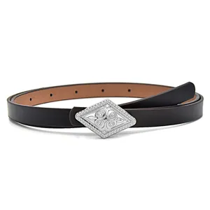 Women's thin leather belt with vintage silver diamond metal buckle for dresses suits