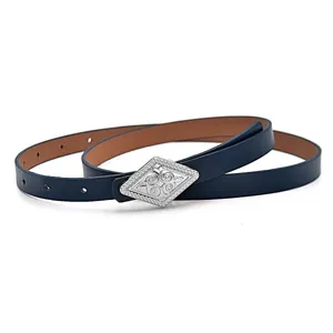 Stylish women thin leather belt with silver diamond buckle, perfect for dresses and suits.