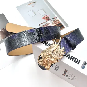 Punk style men's belt featuring a detailed gold dragon head buckle and purple snakeskin pattern.