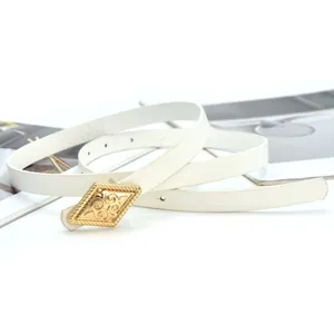 White thin leather belt with a delicate gold rhombus buckle, perfect for elegant dress styling.