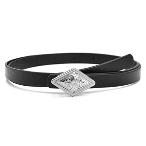 Elegant black leather thin belt featuring an intricate silver rhombus buckle for women's dresses.