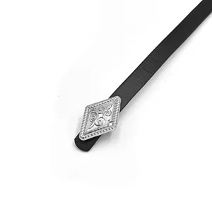 Thin black leather belt detail with silver metal diamond buckle for women dresses and suits.