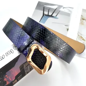 Fashion snakeskin pattern belt with unique irregular gold metal buckle for women jeans skirt