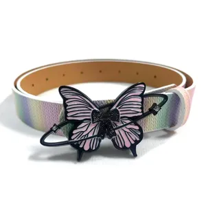 Detailed shot of Y2K pink butterfly belt with planetary ring metal buckle and gradient rainbow strap.
