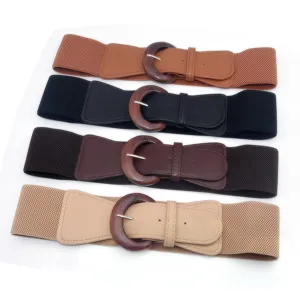 Wide elastic waist belt detail, retro wooden circle buckle, vintage coat dress decorative waistband.