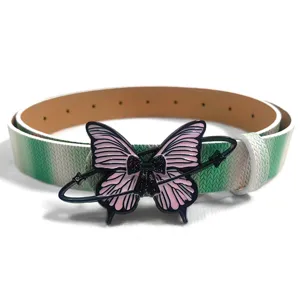Y2K butterfly buckle belt for women, green woven strap fashion jeans accessory detail view