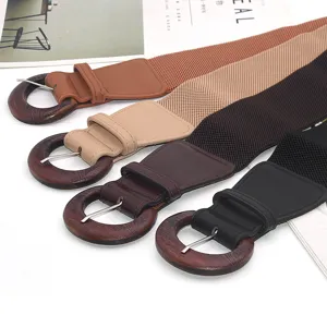 Women's wide elastic waist belt with wooden round buckle retro dress coat decorative strap