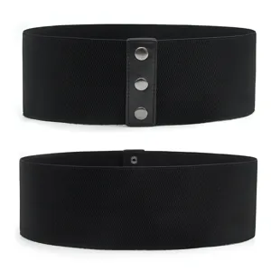 Wide black elastic corset belt for women, fashion waist cincher detail presentation.