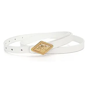 Elegant white leather belt for women with gold rhombus buckle for dresses and suits.