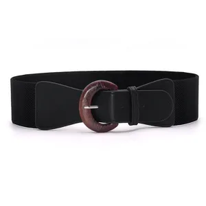 Women elastic stretch wide waist belt with retro wooden buckle for dress coat accessory