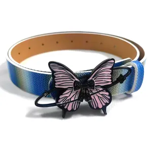 Detailed shot of Y2K style women's belt featuring a unique butterfly buckle and gradient blue strap.