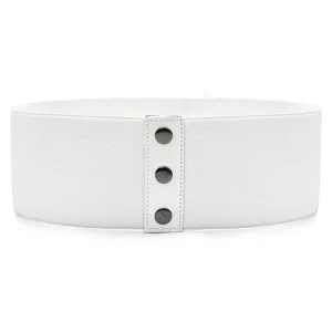 Close up of wide white elastic waist belt detail with PU leather front snap button closure.