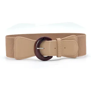 Wide elastic waist belt for women with retro wooden buckle and PU leather trim detail.