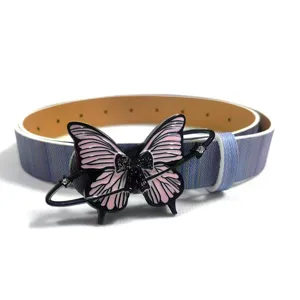 Y2K style women belt with unique drip glue butterfly orbit buckle and denim pattern strap