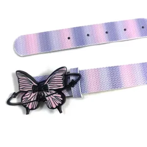 Close up of Y2K pink purple gradient knit texture belt with black butterfly buckle detail.