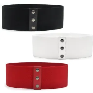 Women wide elastic stretch corset belt waist cinch three snap buttons black white red set