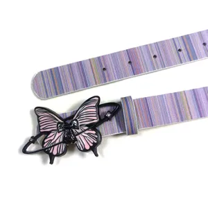 Close-up detail of the Y2K style purple striped belt with a unique ringed butterfly buckle.