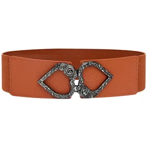 Brown elastic waist belt for women, vintage heart rose metal interlock buckle dress belt