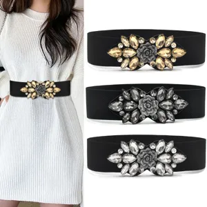 Women Wide Elastic Faux Leather Waist Belt Rhinestone Flower Metal Buckle Casual Dress Coat Waistband