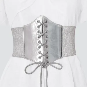 Cinturón de corsé metálico plateado para mujer, faja elástica ancha para vestidos.